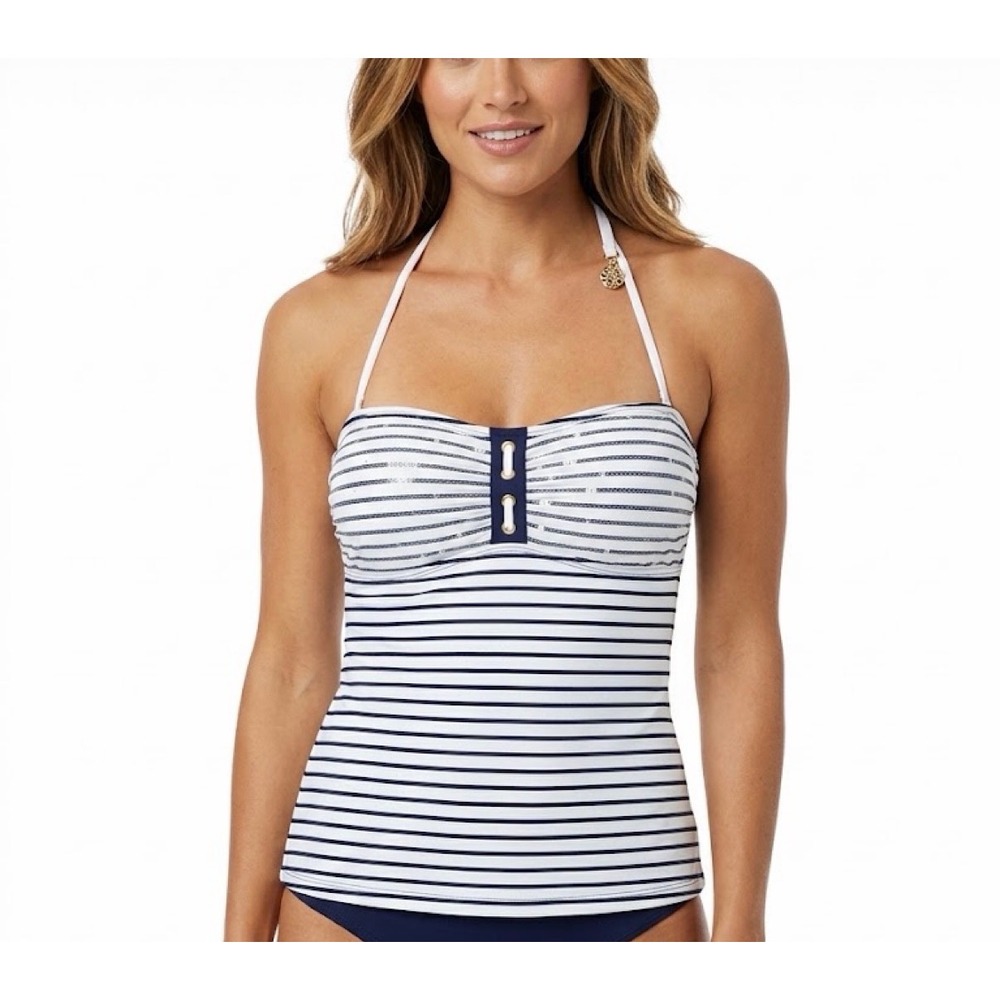 Sperry Top-Sider Navy White Striped Sequin Tankini Swim Top Halter Anchor Large